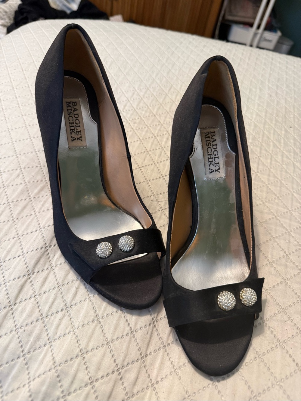 Badgley Mischka Black Satin Peep-Toe Heels with Crystal Detail